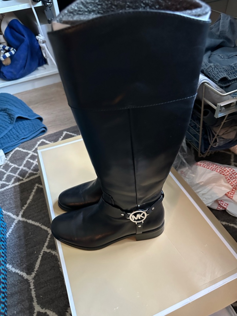 Michael Kors Black Leather Knee-High Boots with MK Logo